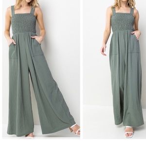 Smocked Straight Neck Wide Leg Jumpsuit